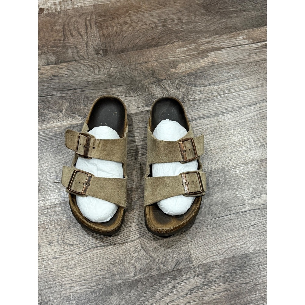 Birkenstock Arizona Suede Leather Sandals Taupe Two Strap Slides Womens 38